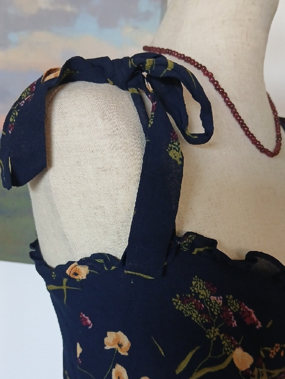 Reformation Christine Navy Floral Slip Dress with Tie Straps Sz10 - Picture 5 of 12